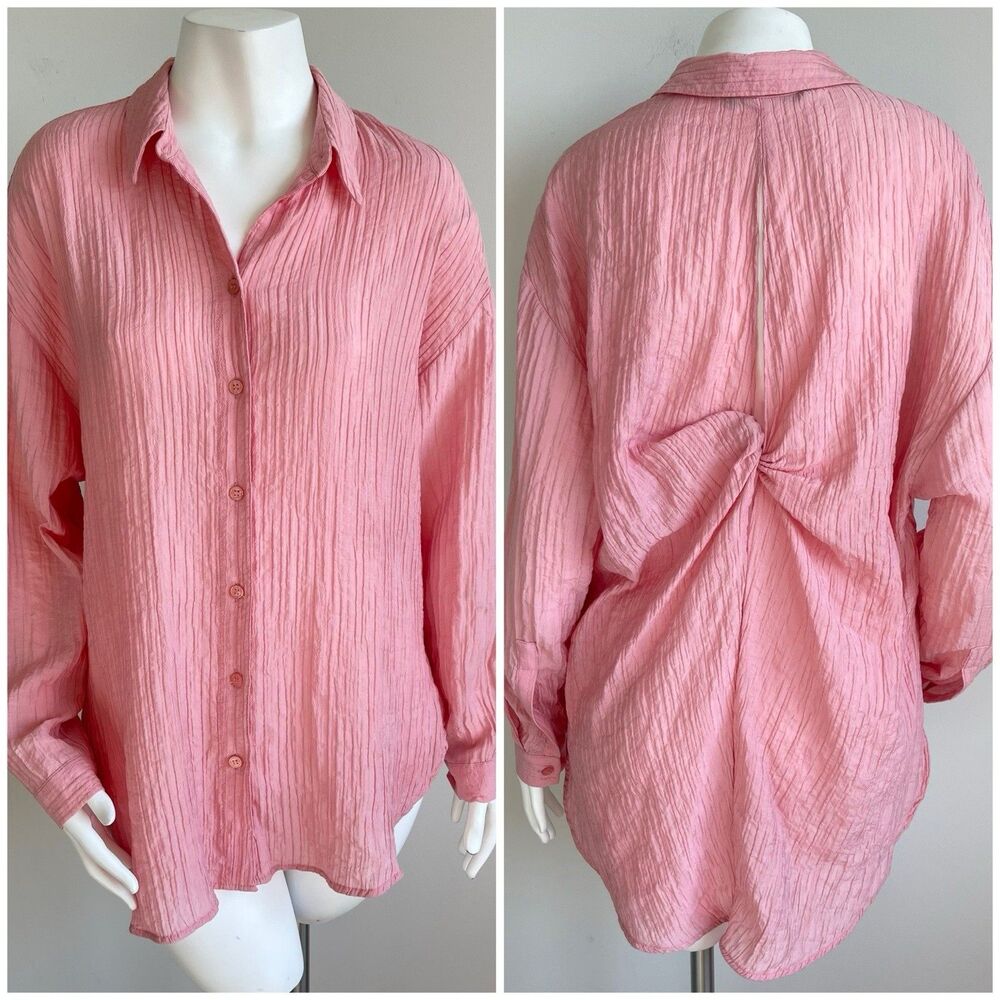 Zara Crinkle Oversized Button Down Tunic Shirt Twisted Cut Out Pink M Preppy